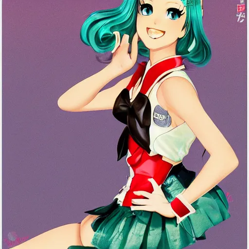 Image similar to Hatsune Miku full body pin up modeling in idol unioform, with a park in the back ground, post war style, detailed face, american postcard art style, by Gil Elvgren