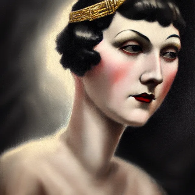 Prompt: 1 9 2 0 s woman in a flapper portrait, atmospheric lighting, painted, intricate, ultra detailed by leesha hannigan, thierry doizon, kai carpenter, well composed, best on artstation, cgsociety, epic, stunning, gorgeous, intricate detail, wow, masterpiece