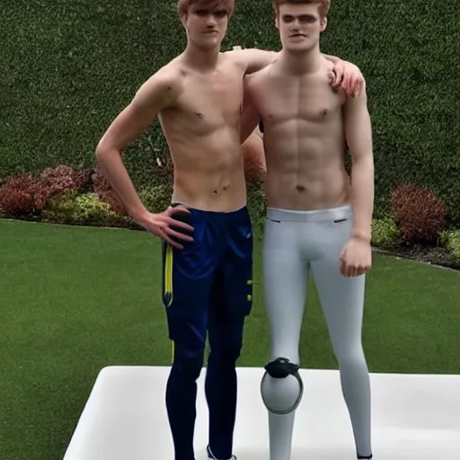 Image similar to a realistic detailed photo of a guy who is an attractive humanoid who is half robot and half humanoid, who is a male android, soccer players martin ødegaard & timo werner, shiny skin, posing like a statue, blank stare, by the pool, on display, showing off his muscles
