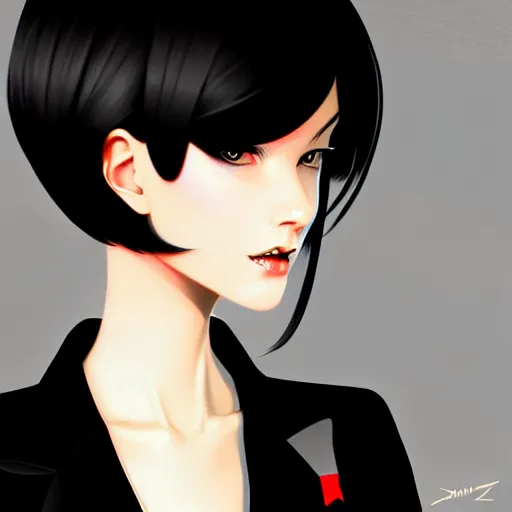 Image similar to slim cruel business girl in tuxedo with black bob hair, elegant, 2d, ultra highly detailed, digital painting, smooth, sharp focus, artstation, art by Ilya Kuvshinov