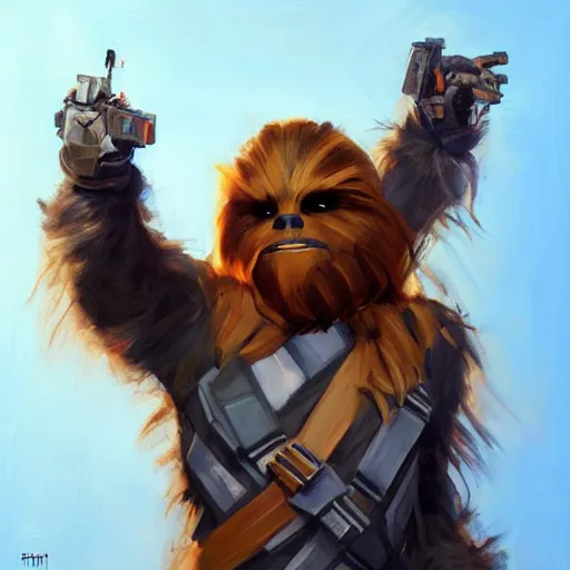 Image similar to greg manchess portrait painting of chewbacca as overwatch character, medium shot, asymmetrical, profile picture, organic painting, sunny day, matte painting, bold shapes, hard edges, street art, trending on artstation, by huang guangjian and gil elvgren and sachin teng