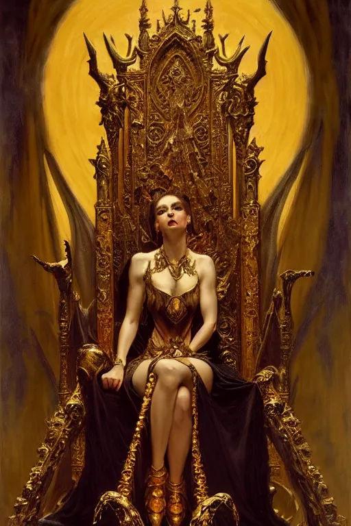 Image similar to full body portrait of beautiful vampire queen in gold gothic robe sitting on a throne of bones, elegant, highly detailed painting by gaston bussiere, craig mullins, j. c. leyendecker, 8 k, mid shot