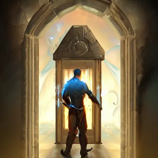 Image similar to a man through a mystical door leading to another dimension, fantasy, artstation detailed digital art