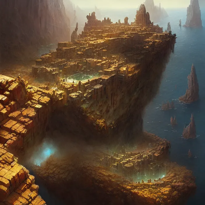 Prompt: matte painting by marc simonetti, jonathan solter, greg rutkowski of a rocky island, masterpiece, cinematic, hyperdetailed, photorealistic, hyperrealism, architecture, aerial view,