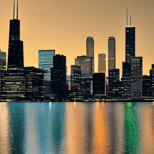 Image similar to cyberpunk version of chicago skyline, digital art, 8k, reflections