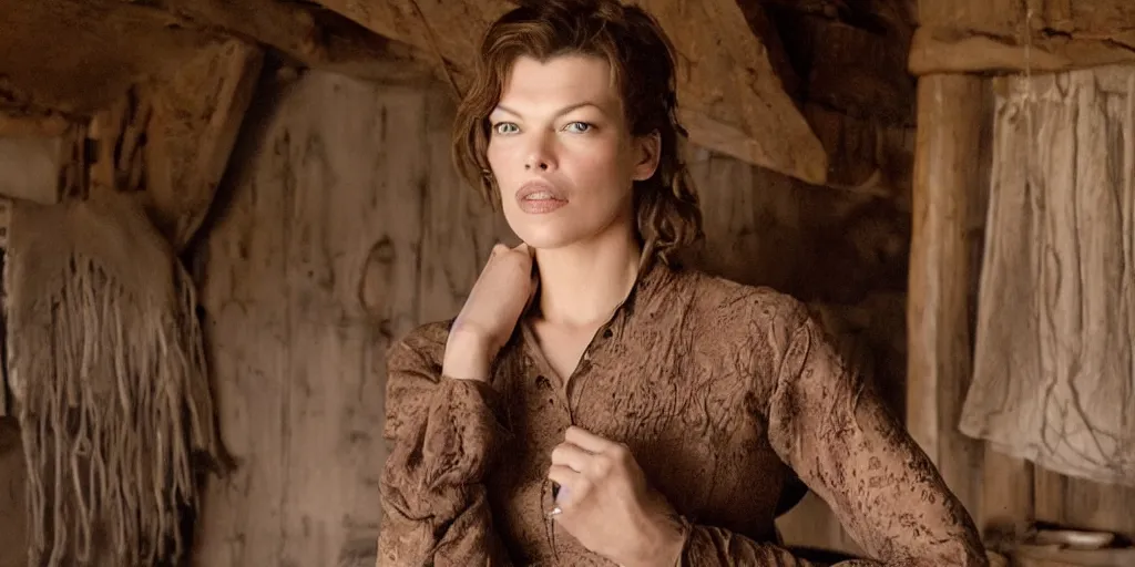 Prompt: portrait of (beautiful) female Mila Jovovich alone in an old west cabin