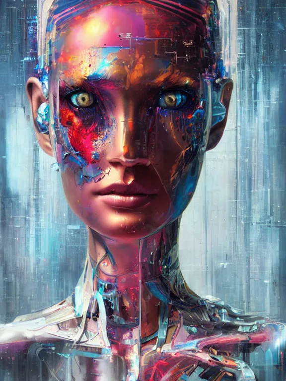 Image similar to art portrait cybernetic woman,8k,by tristan eaton,Stanley Artgermm,Tom Bagshaw,Greg Rutkowski,Carne Griffiths,trending on DeviantArt,face enhance,hyper detailed,minimalist,cybernetic, android, blade runner,full of colour,