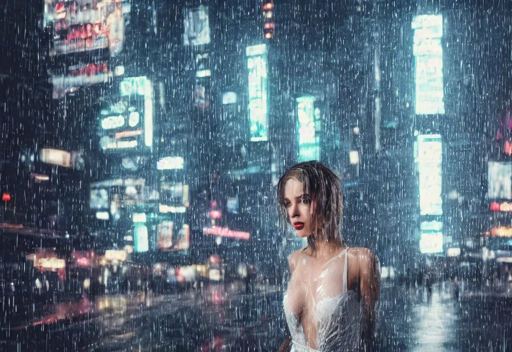 Prompt: hyperdetailed cinematic portrait looking at a low angle with a 4 0 0 mm lens and bokeh under the dim lights of screens with advertising at a lone sexy model, face with artgram, wearing a sheer wet see through white dress getting soaked in the rain blade runner aesthetic