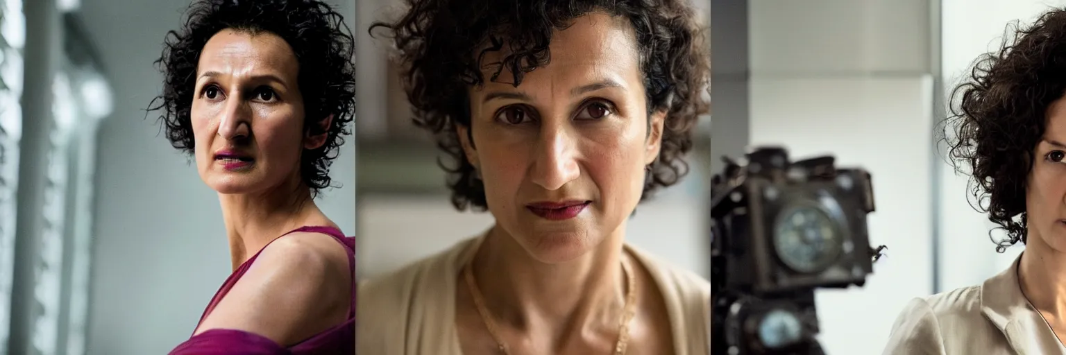 Prompt: close-up of Indira Varma as a detective in a movie directed by Christopher Nolan, movie still frame, promotional image, imax 70 mm footage