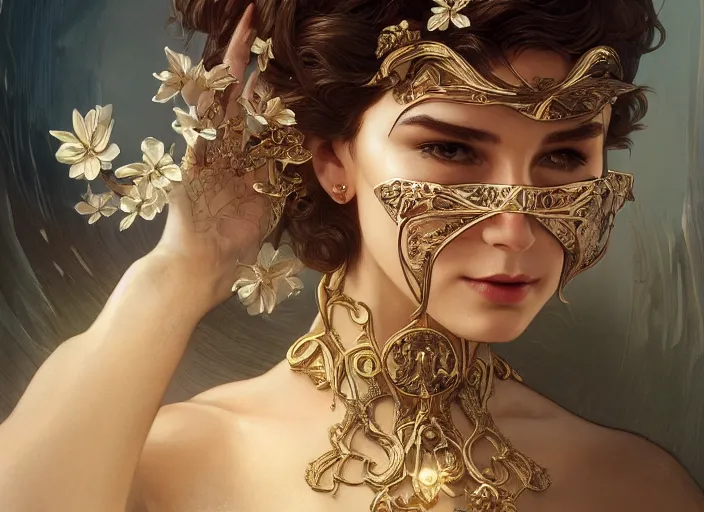 Prompt: masked, perfectly-centered-Portrait of the most beautiful woman on the planet , intricate, highly detailed, artstation, concept art, smooth, sharp focus, illustration,award-winning, Unreal Engine 5, 8K, art by artgerm and greg rutkowski and alphonse mucha