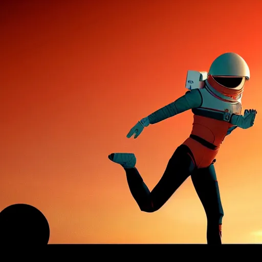 Prompt: A wide-angle shot from below of a female astronaut with an athletic feminine body walking with swagger toward camera on Mars in an infinite universe, synthwave digital art