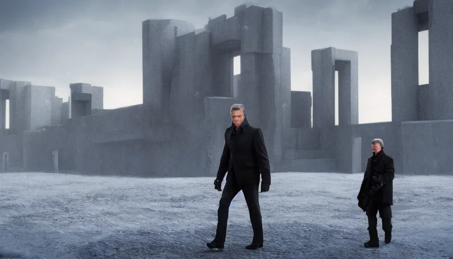 Prompt: concept art in the style of jon mccoy of the next james bond film featuring an older pierce brosnan, who is in tactical winter gear walking towards a brutalist structure in the distance, highly detailed, 8 k