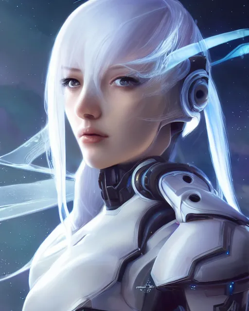 Image similar to perfect android girl on a mothership, warframe armor, beautiful face, scifi, futuristic, galaxy, nebula, raytracing, dreamy, long white hair, blue cyborg eyes, sharp focus, cinematic lighting, highly detailed, artstation, divine, by gauthier leblanc, kazuya takahashi, huifeng huang