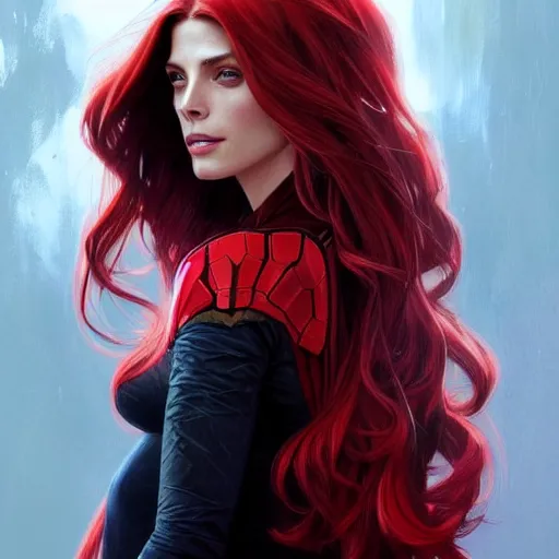 Image similar to Ashley Greene with red hair as Scarlet Witch, western, D&D, fantasy, intricate, elegant, highly detailed, digital painting, artstation, concept art, matte, sharp focus, illustration, art by Artgerm and Greg Rutkowski and Alphonse Mucha