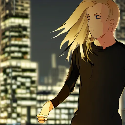 Prompt: a blonde man with a ponytail wearing black clothes wanders through a city at night, anime, 4k