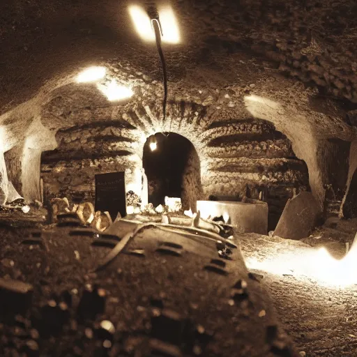 Prompt: paris catacombs, underground catacombs, molotov cocktails, table, carpenter's table, spooky catacombs, sharp details, subsurface scattering, intricate details, anime, anime hd wallpaper, 2 0 1 9 anime screenshot