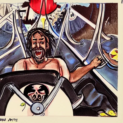 Image similar to death grips riding tilt - a - whirl at a carnival, mc ride, zach hill, andy morin, as ed binkley