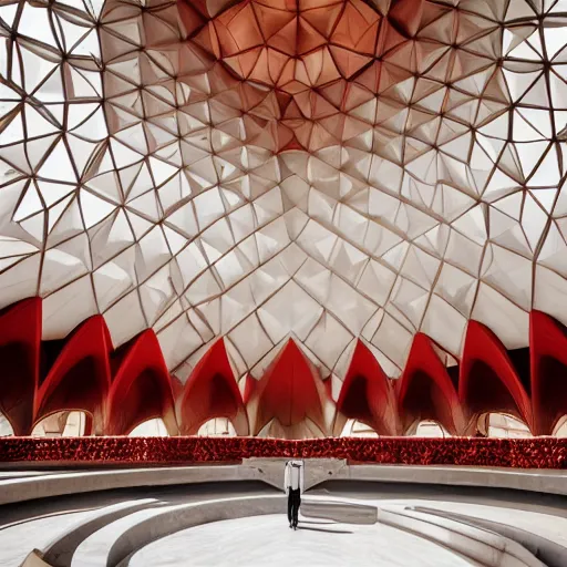 Prompt: interior of a futuristic lotus temple with gold, red and white marble panels, in the desert, by buckminster fuller, intricate contemporary architecture, photo journalism, photography, cinematic, national geographic photoshoot