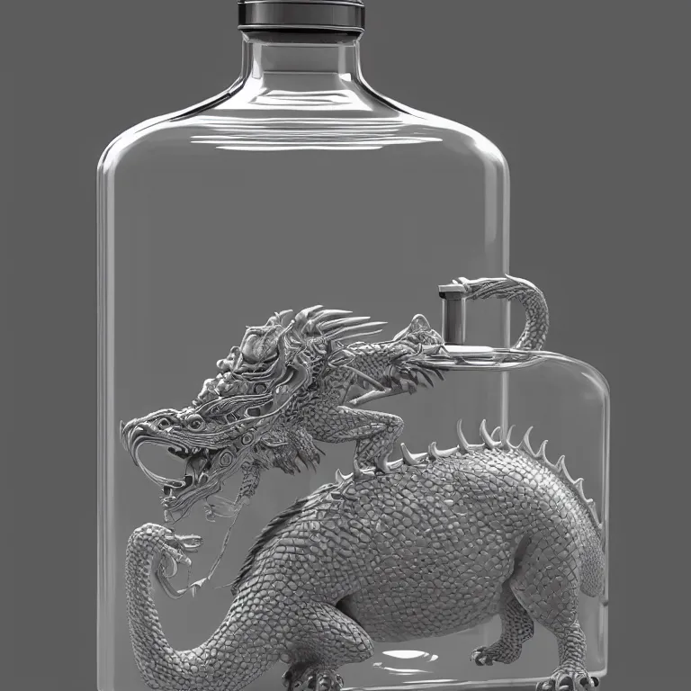 Image similar to transparent ancient boar flask with a dragon, raytracing, orthographic 3d rendering, octane render