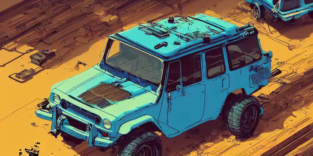 Image similar to digital illustration of a futuristic faded cyan mad max's fj 4 0 decrepit!!!! pursuit special, rusty!!! cyberpunk nissan fj cruiser heavily modded 1 9 9 0 s, the last v 8 interceptor by makoto shinkai, ilya kuvshinov, lois van baarle, rossdraws, basquiat