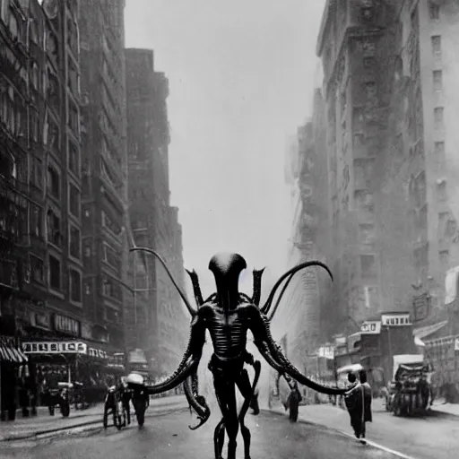 Image similar to old black and white photo, 1 9 1 3, depicting a xenomorph from the movie aliens rampaging through the bustling streets of new york city, historical record