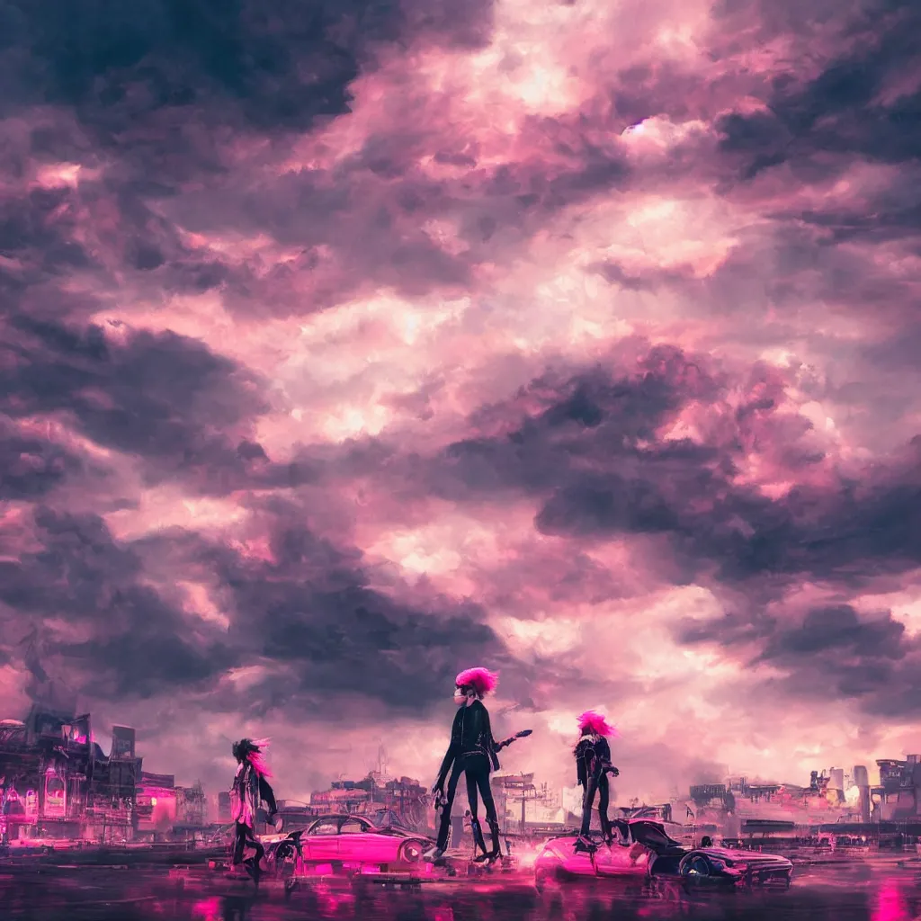 Image similar to oil painting, punk, pretty face, rich deep colors masterpiece, pink, people with mohawks, neon, ultra detailed, contrast, heaven pink, arches, clouds, sky, volumetric light, atmospheric lighting, dramatic, cinematic, steampunk, moody, octane render 4 k, 8 k