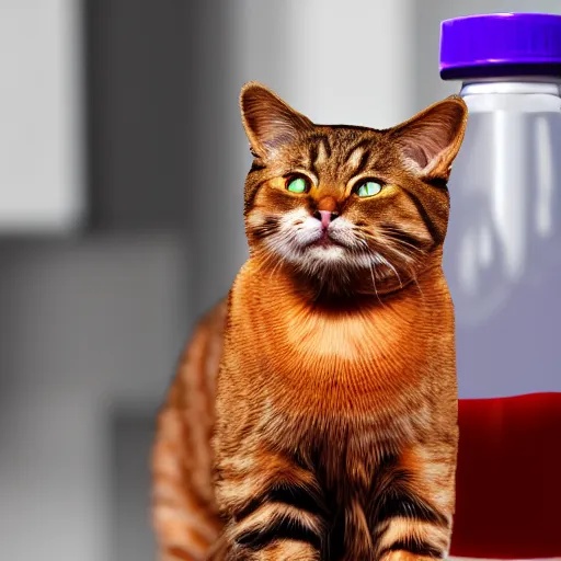 Prompt: a cat standing next to a bottle of medicine. the cat was orange in color and ragdoll species. animal. digital art. pixabay. shutterstock. artstation.