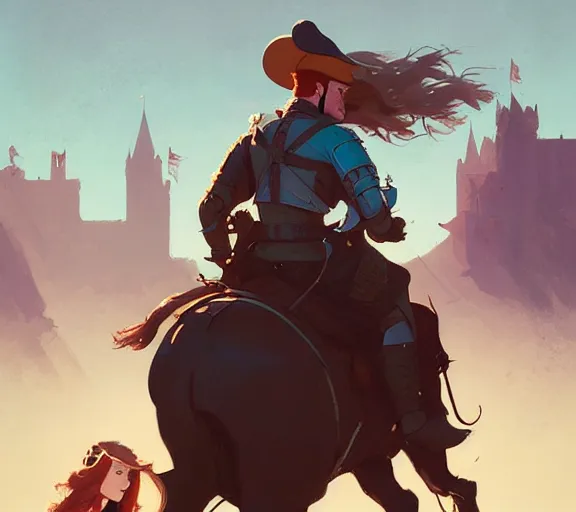 Image similar to a brunette man and a ginger woman riding on horseback on a track, medieval times by atey ghailan, by greg rutkowski, by greg tocchini, by james gilleard, by joe fenton, by kaethe butcher, dynamic lighting, gradient light blue, brown, blonde cream and white color scheme, grunge aesthetic