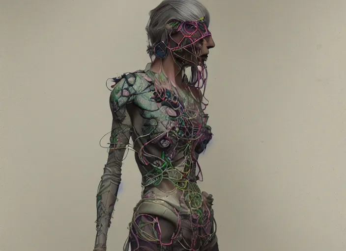 Image similar to cthulhy woman, clothes made out of flower, cables everywhere, bedroom, ultra realistic, concept art, intricate details, highly detailed, photorealistic, octane render, 8 k