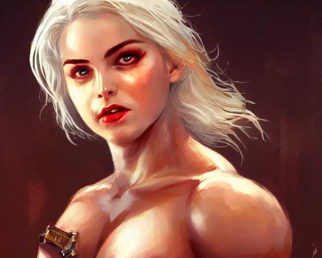 Image similar to portrait of ciri as a beautiful female bodybuilder amazon with plump lips, elegant, fantasy, hd shot, digital portrait, beautiful, artstation, comic style, by artgerm, guy denning, jakub rozalski, magali villeneuve and charlie bowater