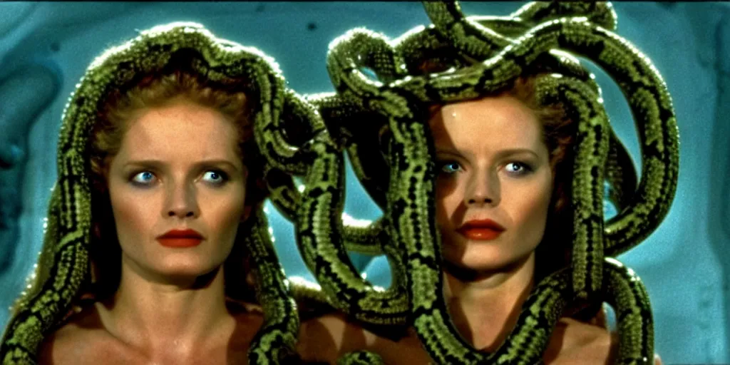 Image similar to medusa, with small snakes for hair, still from the movie the thing ( 1 9 8 1 )