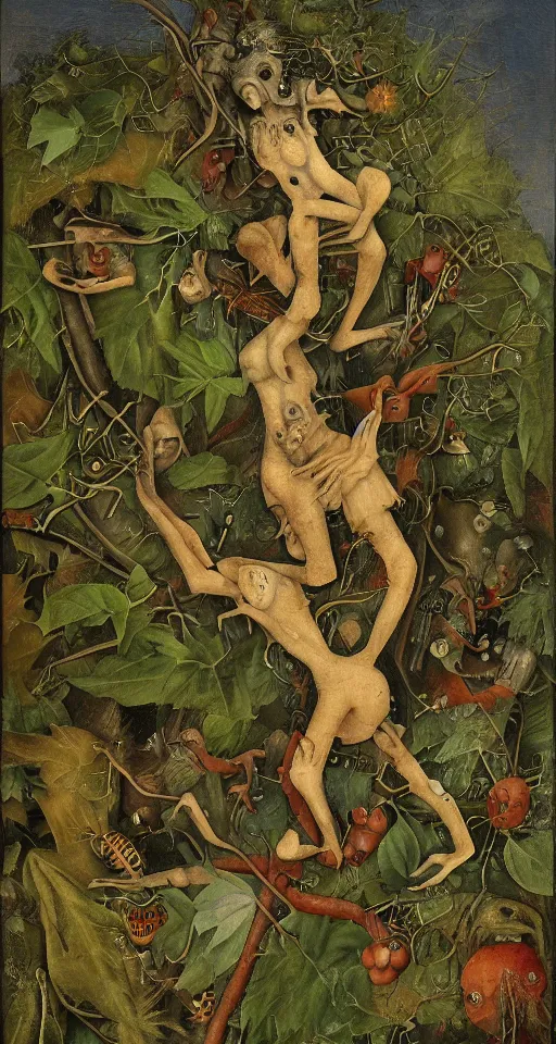 Prompt: a teenage zombie dissolving in a field of foliage, botanicals, fruit and insects, highly detailed, fantasy art, in the style of hieronymous bosch, cinematic wide angle camera,
