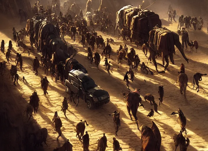 Image similar to overhead view of a the big large expedition with a very crowd of adventurers being brought by gigantic mammals carrying stuff towards the desert of duhnes medium shot, key art by craig mullins, bloom, dramatic lighting, cinematic, high details