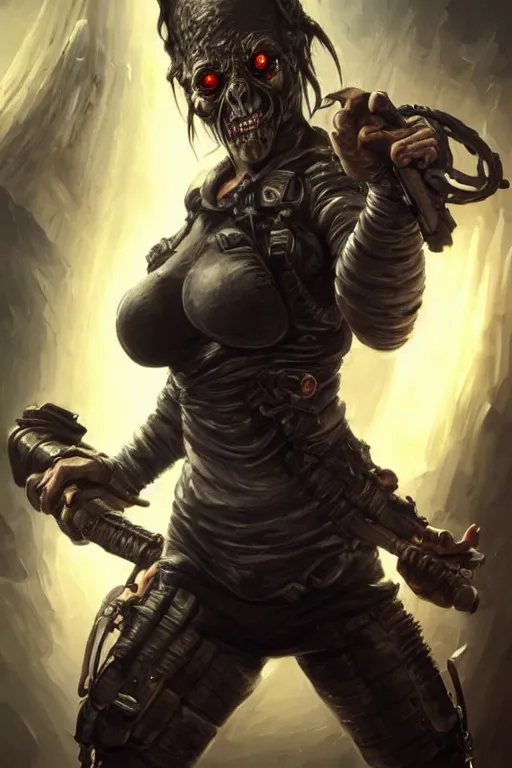 Prompt: gina carano as a shadowrun ork with prothesis metallic left arm, tusk, casual black clothing, muscular, realistic proportions, casual pose, large portrait, sci - fi, rpg character, digital painting, artstation, concept art, smooth, 8 k frostbite 3 engine, ultra detailed, art by artgerm and greg rutkowski and magali villeneuve