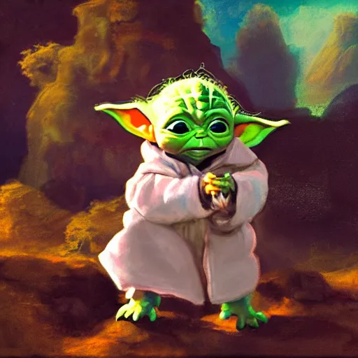 Prompt: 'baby Yoda' reaching for a pretty butterfly, a rocky outcrop, a small bonfire, spaceship nearby, refined, dignified, style of rembrandt and (((don bluth))), bright natural light, saturated colors, very low energy