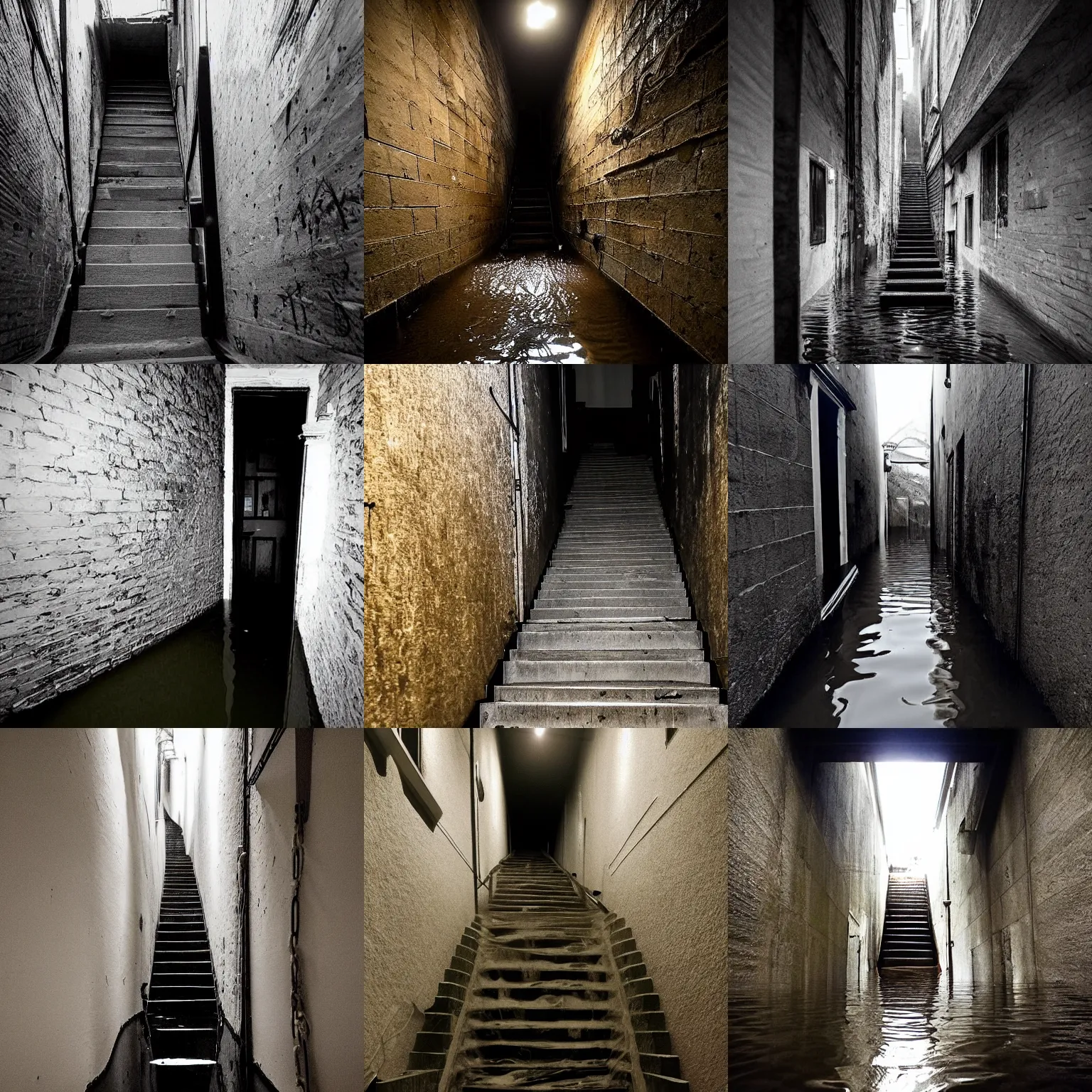 Prompt: A narrow flooded stairway leading down into the darkness, spooky, eerie, unsettling
