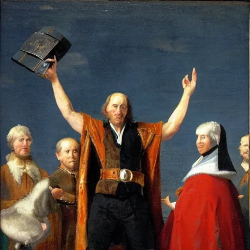 Prompt: ric flai holding up title belt, painted by the old dutch masters,