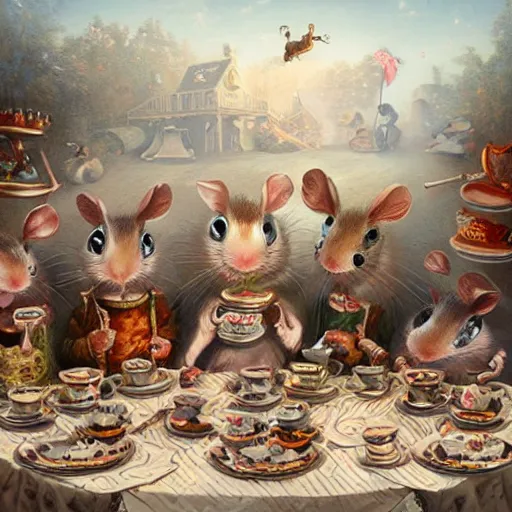 Image similar to mice at a tea party, lowbrow, matte painting, 3 - d highly detailed, style of greg simkins