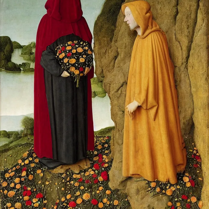 Prompt: a woman wearing a hooded cloak made of flowers, standing next to a man made of stone, by Jan van Eyck