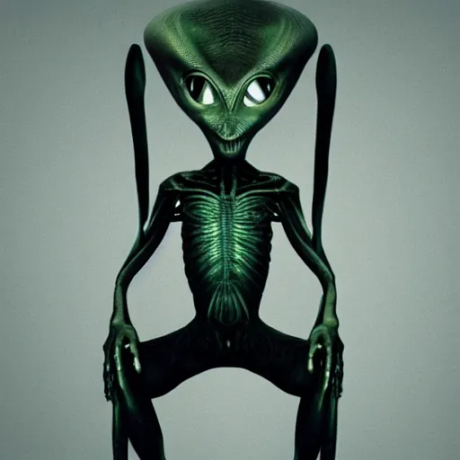 Prompt: award winning photograph of a alien sitting on a chair