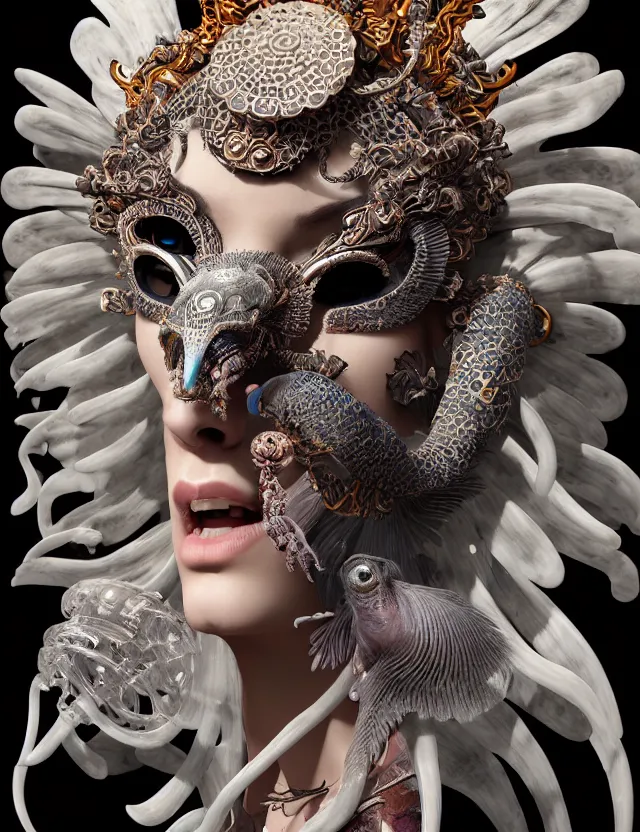 Image similar to 3 d goddess close - up 3 / 4 portrait with ram skull. beautiful intricately detailed japanese crow kitsune mask and clasical japanese kimono. betta fish, jellyfish phoenix, bio luminescent, plasma, ice, water, wind, creature, artwork by tooth wu and wlop and beeple and greg rutkowski