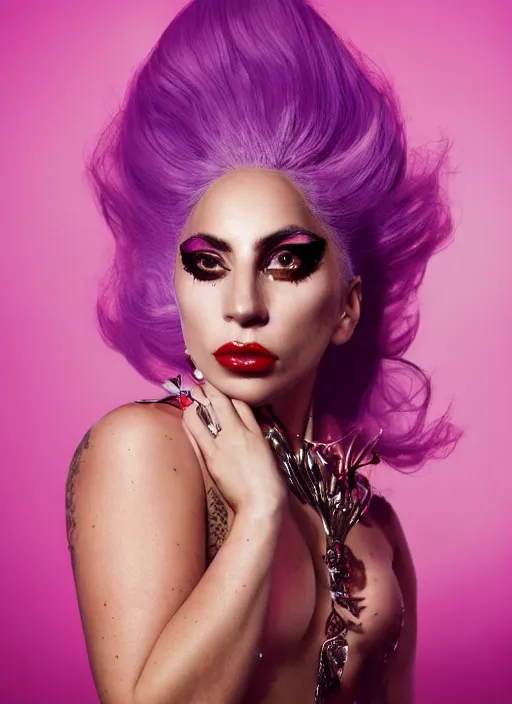 Image similar to lady gaga photoshoot by david lachapelle, high fashion, colourful set, studio lighting Highly realistic. High resolution. Highly detailed. Dramatic. 8k.4k.