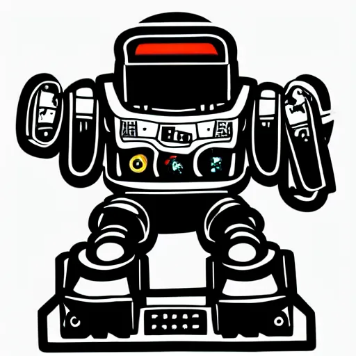 Prompt: svg vector sticker of, Robot-Mecha, rocking out, wearing headphones, huge speakers, dancing, rave, DJ, spinning records, digital art, amazing composition, rule-of-thirds, award-winning, trending on artstation, featured on deviantart