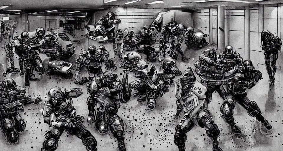 Image similar to 1996 Video Game Concept Art for Neo-tokyo Cyborg bank robbers vs police, Set inside of Parking Garage, Dark, Multiplayer set-piece Ambush, Tactical Squads :10, Police officers under heavy fire, Suppressive fire, Pinned down, Destructible Environments, Gunshots, Headshot, Bullet Holes and Anime Blood Splatter, :10 Gas Grenades, Riot Shields, MP5, AK45, MP7, P90, Chaos, Anime Machine Gun Fire, Gunplay, Shootout, :14 FLCL + Akira, Cel-Shaded:15, Created by Katsuhiro Otomo + Studio Gainax + Trending on Artstation: 20