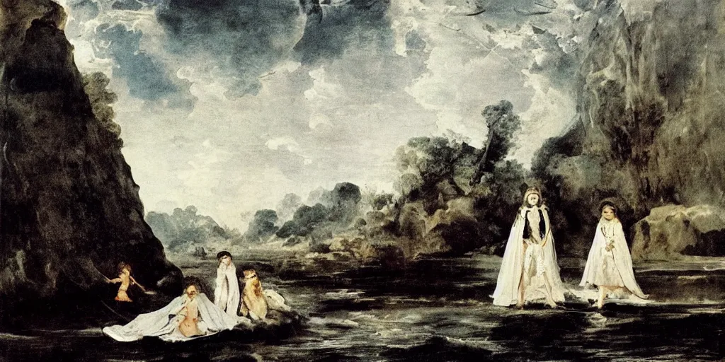 Image similar to hyperrealismBaptism on the river monster spider and girls in white capes landscape in style of Goya