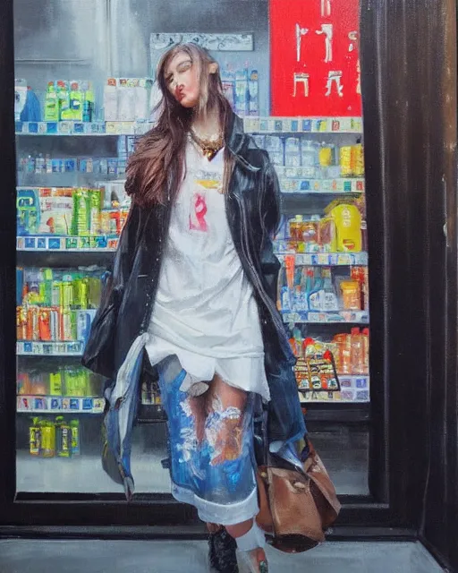 Image similar to a ultradetailed beautiful panting of a stylish woman standing next to a convenience store, she is wearing streetwear, highly detailed face, oil painting, half body painting, by ruan jia