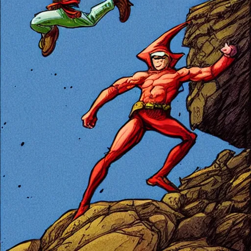 Prompt: precisely drawn illustration of elf jumping down rock ledge, wide angle, sharp, fine details, French comic style, vibrant realistic colors, full color, heroic fantasy, intense line art, 8k, precise linework, realistic, in the style of Richard Corben and Moebius