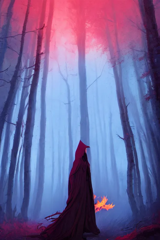 Prompt: a full body portrait of a mysterious goddess with a very long hooded cloak made of fire and embers in a forest at dusk, by maciej kuciara and jason chan and makoto shinkai and dan mumford, ominous, cosmic horror, trending on artstation, ultra detailed, hyper realistic 4 k, volumetric light, vibrant colors