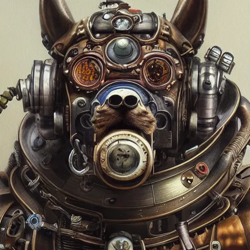 Prompt: portrait painting of a steampunk cyborg dog, transhumanism, ultra realistic, concept art, studio ghibli, intricate details, eerie highly detailed
