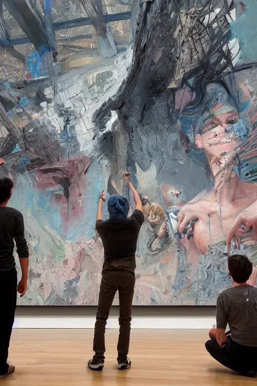 Prompt: Oil painting of people looking at a large graffiti painting in a contemporary museum, intricate, highly detailed, smooth, artstation, painting by moebius and james jean and Artgerm and yoshitaka Amano and Greg Rutkowski and Zdislav Beksinski